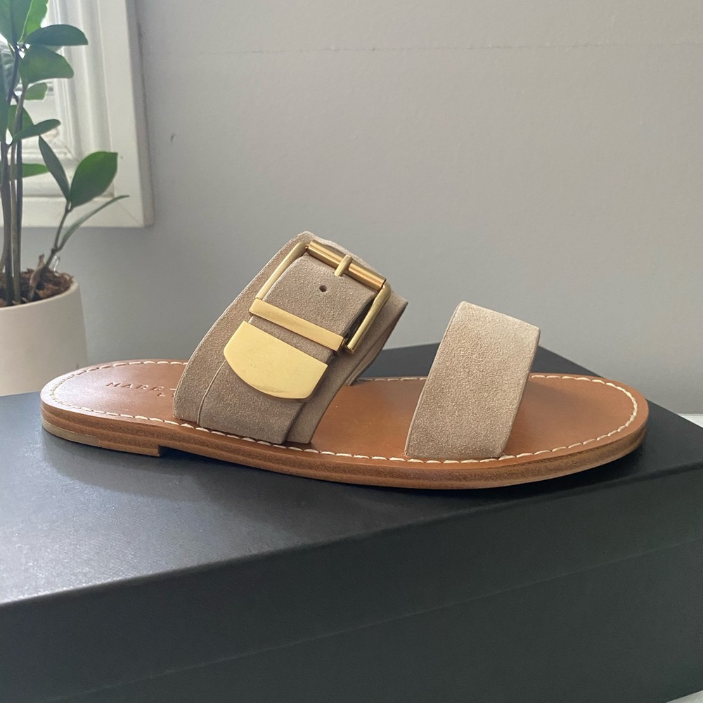 Marc Fisher Taupe Suede Double-Strap Slide